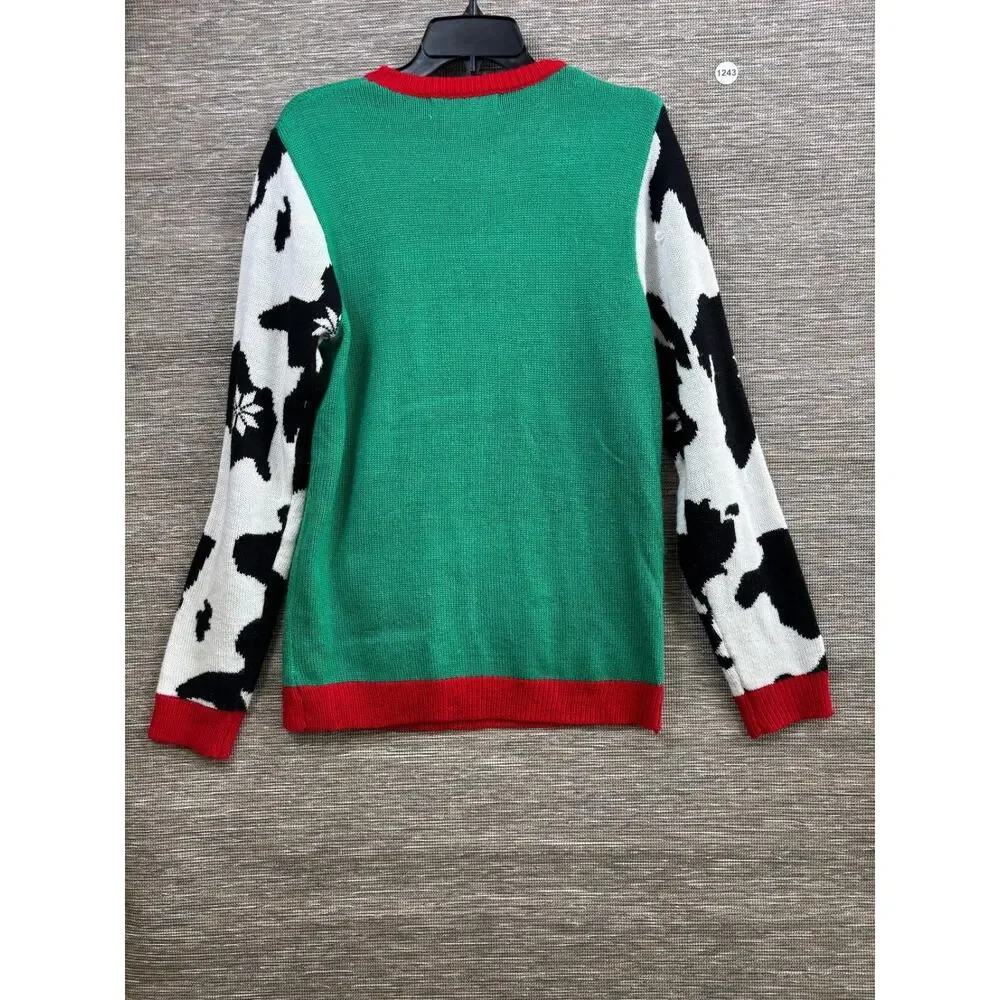 Cow Ugly Christmas Sweater Mens Size M Bell Scarf Holiday Jolly Snowflake Animal